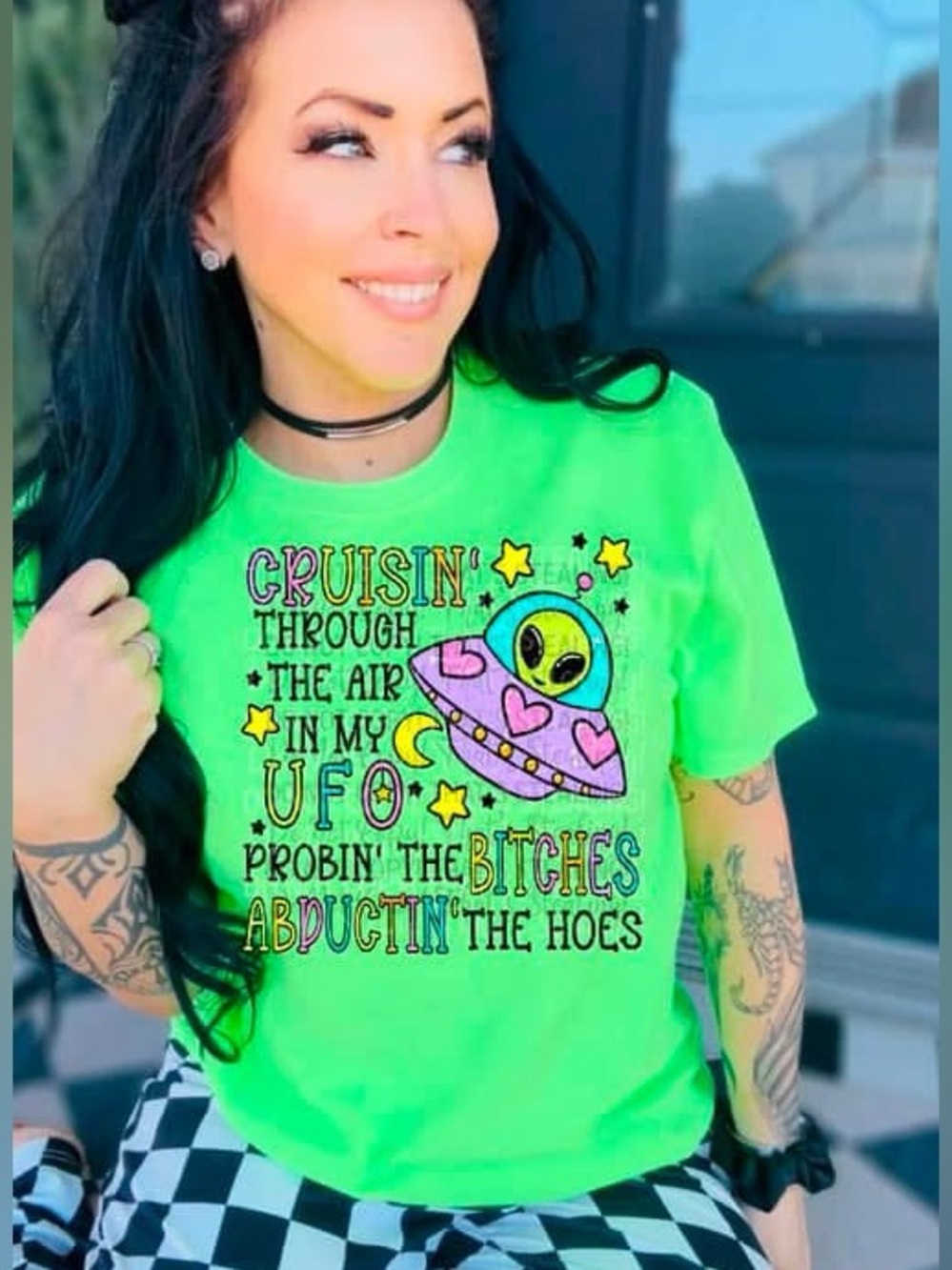 Neon Green UFO Graphic Tshirt - Alien Heart Design Small-XL